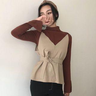Long-sleeve Mock Neck Top / Spaghetti Strap Top With Sash / Bell-bottom Pants