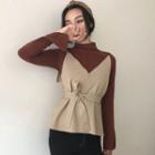 Long-sleeve Mock Neck Top / Spaghetti Strap Top With Sash / Bell-bottom Pants