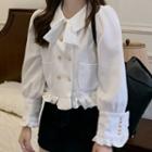 Double-breasted Frill Trim Bow Blouse White - One Size