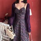 Long-sleeve Cardigan / Sleeveless Flower Print Dress