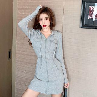 Zip Detail Hooded Long-sleeve Mini T-shirt Dress