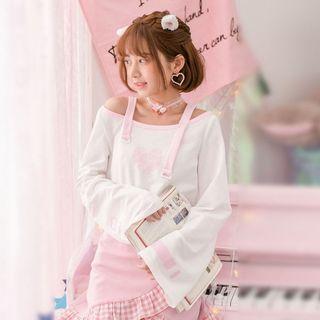 Heart Print Lettering Off Shoulder Long Sleeve Top