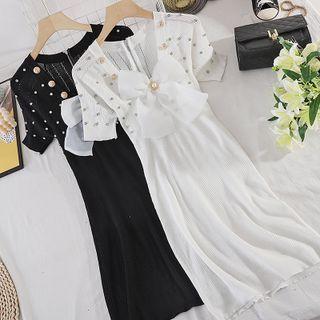 Square-neck Bow Short-sleeve Knit Dress