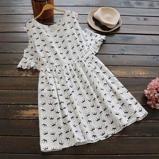 Short-sleeve Cutout Printed A-line Dress