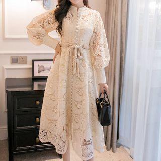Puff-sleeve Lace Buttoned Midi Dress