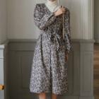 Long-sleeve Knit Top / Floral Print Midi A-line Dress / Set