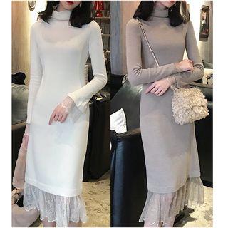 Long-sleeve Lace Panel Midi Sheath Dress