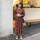 Floral Long-sleeve Loose-fit Pleated Dress
