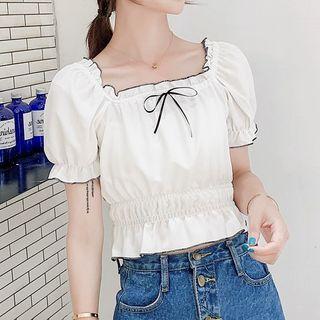Contrast Trim Puff-sleeve Cropped Blouse