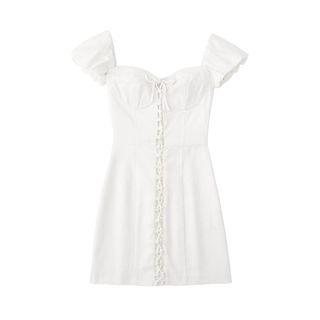 Short-sleeve Square Neck Lace Up Mini A-line Dress