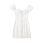 Short-sleeve Square Neck Lace Up Mini A-line Dress