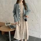 Cardigan / Long-sleeve Floral Print Dress