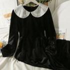 Puff-sleeve Colorblock Velvet Midi Dress Black - One Size