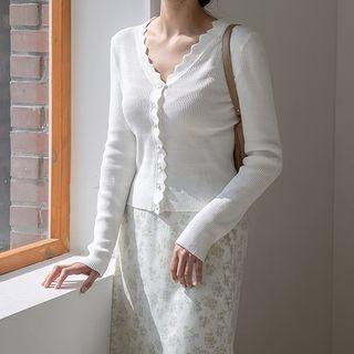 Scallop-edge Faux-pearl Cardigan