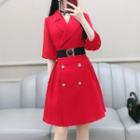 Elbow-sleeve Double-breasted Pleated Mini Coatdress