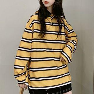 Collared Long-sleeve Striped T-shirt