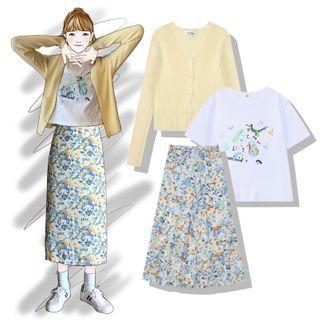 Printed Short-sleeve T-shirt / Cardigan / Floral Print Straight-fit Skirt