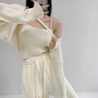 Set: Ribbed-knit Camisole Top + Cape Top