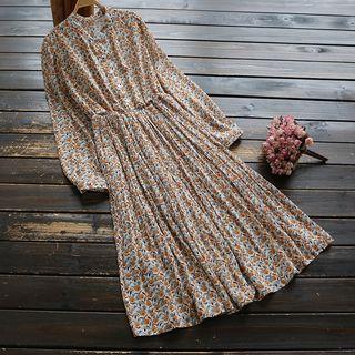Long-sleeve Floral Print Midi Chiffon Dress Off-white - One Size