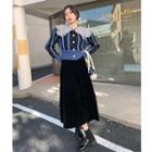 Color Block Lapel Striped Long-sleeve Sweater / High-waist Velvet A-line Midi Skirt