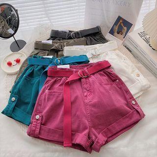 High-waist Roll-up Plain Denim Shorts