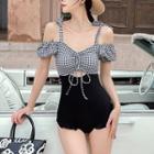 Plaid Panel Cold-shoulder Swimsuit