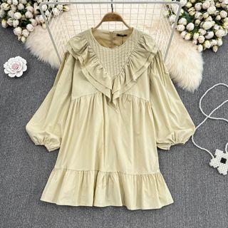 Puff Sleeve Ruffle Oversized A-line Dress Green - One Size