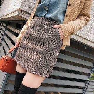 Double-button Plaid Pencil Skirt