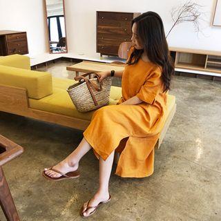 Round-neck Linen Blend Long Dress With Sash