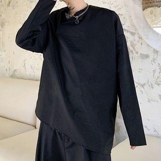Plain Split-neck Long-sleeve Top