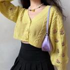 Cropped Lantern-sleeve V-neck Embroidered Cardigan Yellow - One Size