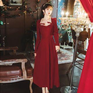 Lace Trim Square-neck Long-sleeve A-line Maxi Dress