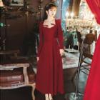 Lace Trim Square-neck Long-sleeve A-line Maxi Dress