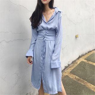 Long Sleeve Lace-up Midi Shirt Dress
