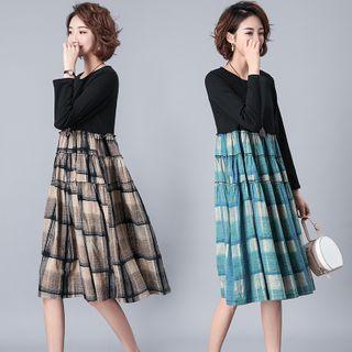 Long-sleeve Midi Plaid Panel A-line Dress