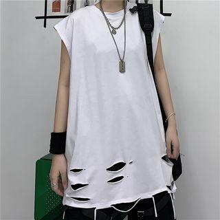 Cap-sleeve Distressed T-shirt