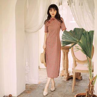 Traditional Chinese Short-sleeve Plaid Midi Dress