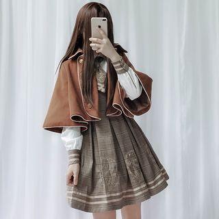 Mock Two Piece Long-sleeve A-line Plaid Dress / Cape Jacket / Set