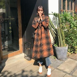 Double-breasted Long Plaid Coat
