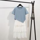 Set: Short-sleeve T-shirt + Sleeveless Midi A-line Tiered Dress Set - Blue - One Size