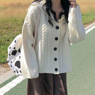 Long-sleeve Plain Collar Cable Knit Cardigan