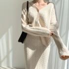 Set : Long-sleeve V-neck Plain Cable-knit Top + Plain Cable-knit Midi Skirt