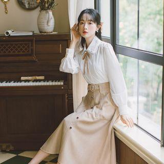 Ribbon Shirt / A-line Midi Skirt / Set