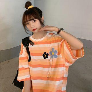 Elbow-sleeve Floral Embroidered Striped T-shirt