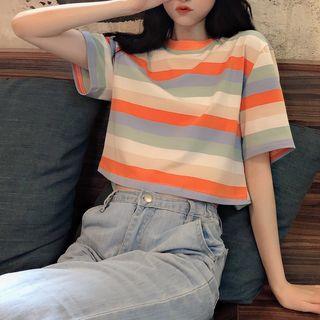 Short-sleeve Wide-stripe Cropped T-shirt As Shown In Figure - One Size