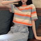 Short-sleeve Wide-stripe Cropped T-shirt As Shown In Figure - One Size