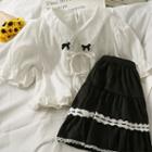 Tie-front Ruffled Crop Shirt / Lace-trim Mini Skirt