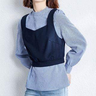 Set: Long-sleeve Mock-neck Blouse + Sleeveless Top