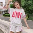 Set: Lettering Hooded Elbow-sleeve T-shirt + Shorts