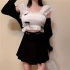 Ruffled Short-sleeve Cropped Top / Cropped Cardigan / Mini A-line Skirt
